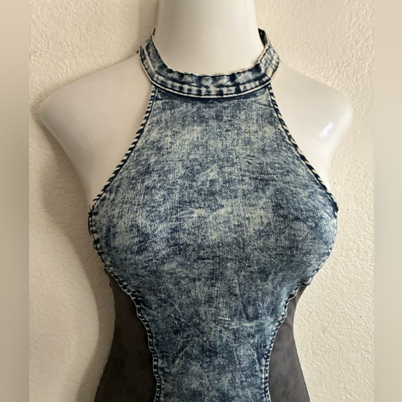 Vibrant MIU Y2K Bodycon Acid Wash Side Contrast Denim Dress S - Picture 4 of 16